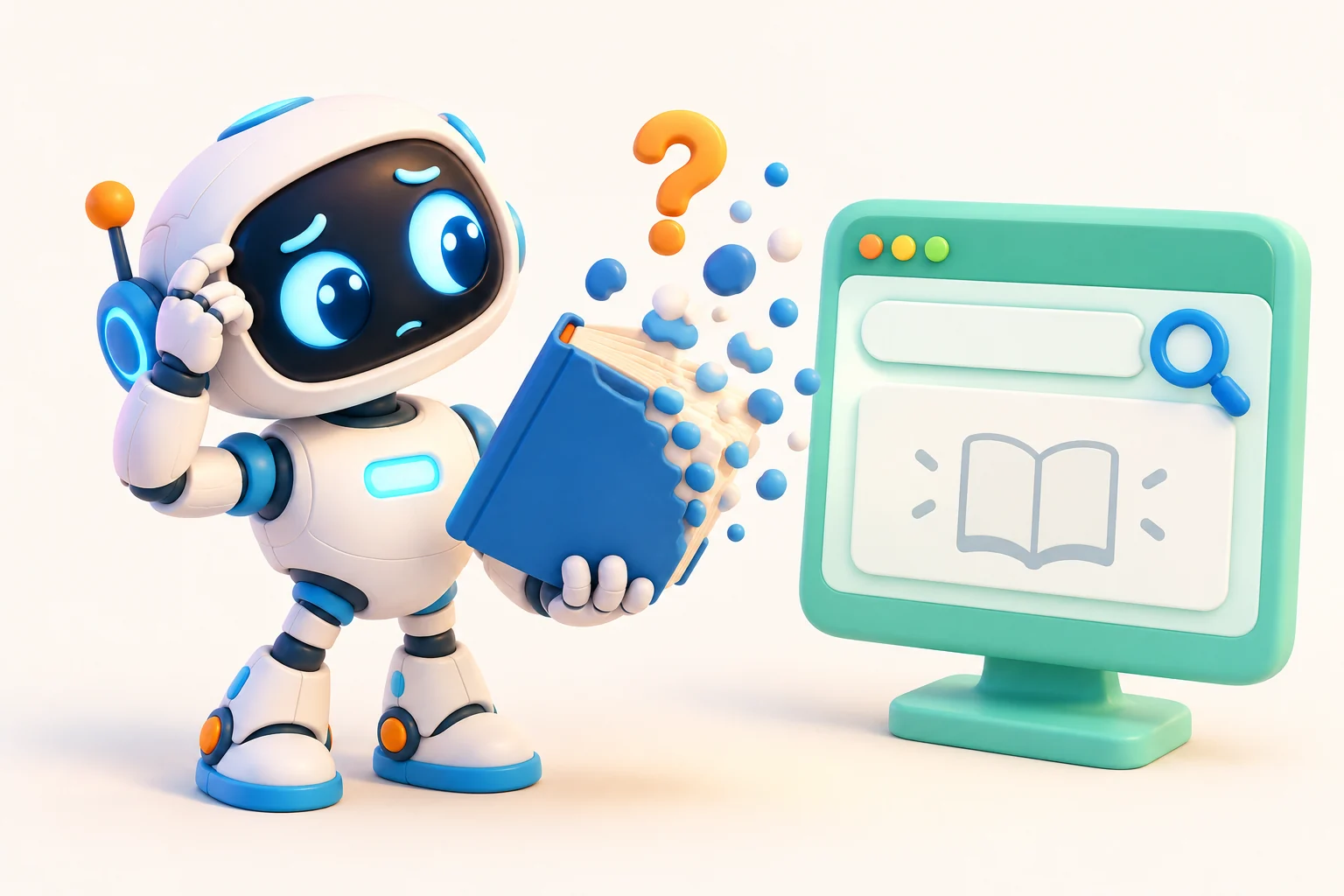 El robot sostiene un libro que se deshace; una búsqueda muestra solo la silueta de un libro