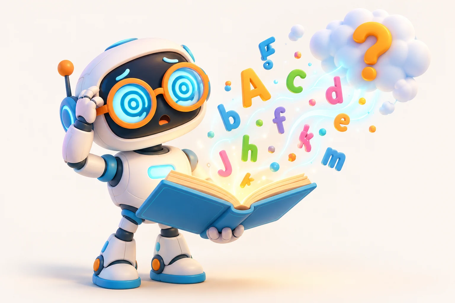 Robot blanco confundido con gafas de espiral; las letras de su libro flotan hacia una interrogación