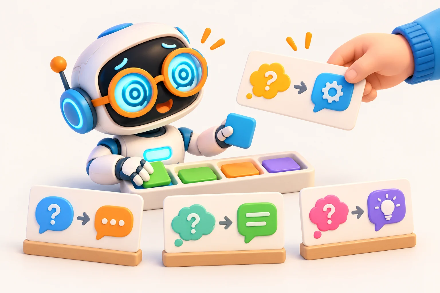 Una mano ofrece al robot una tarjeta con una petición y un ejemplo de respuesta; delante hay otras parejas de tarjetas