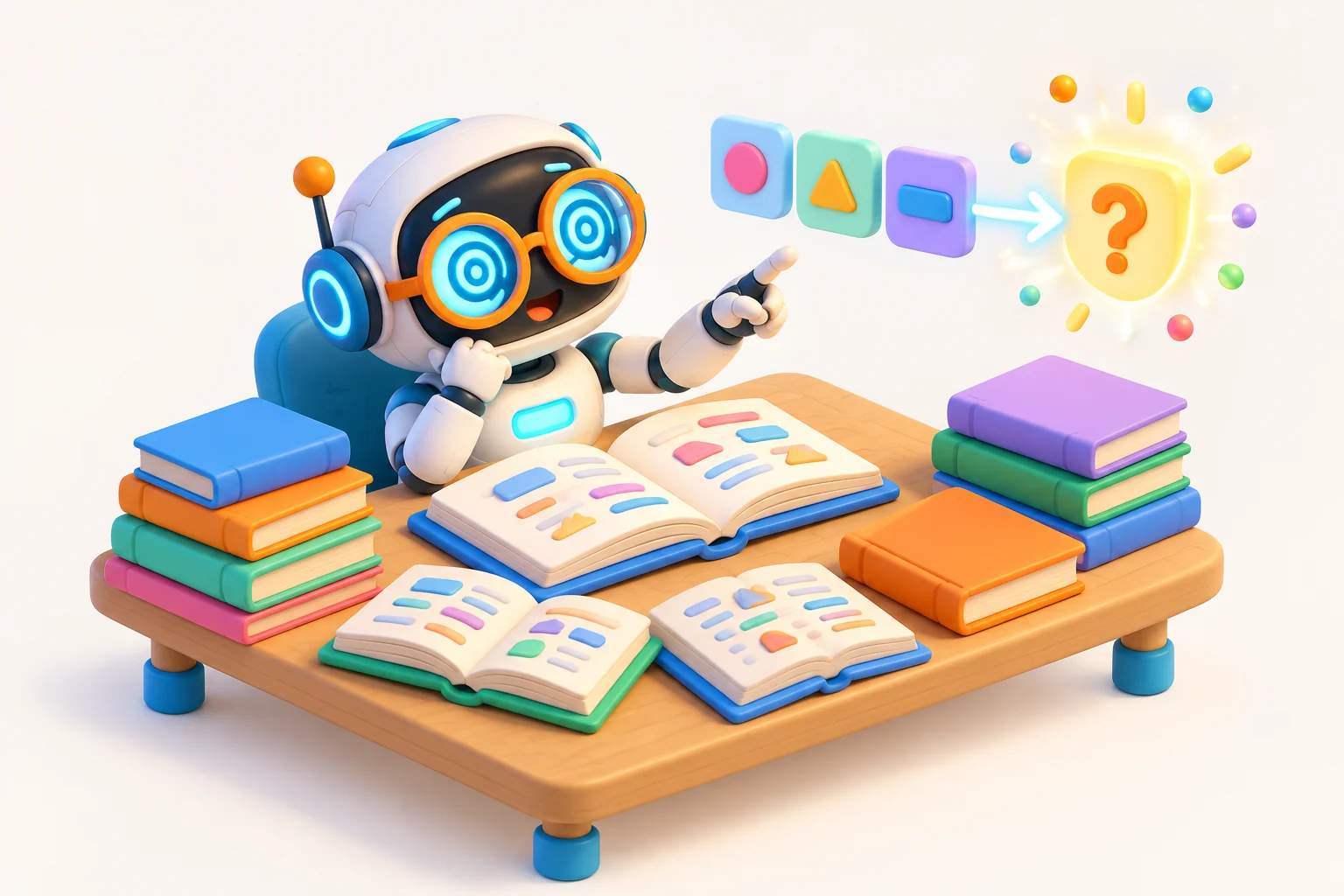 Robot ante libros y fichas de símbolos; intenta escoger la siguiente ficha