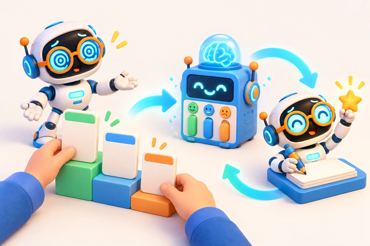 Unas manos ordenan tres respuestas del robot; un segundo modelo aprende de ese orden y el primero practica